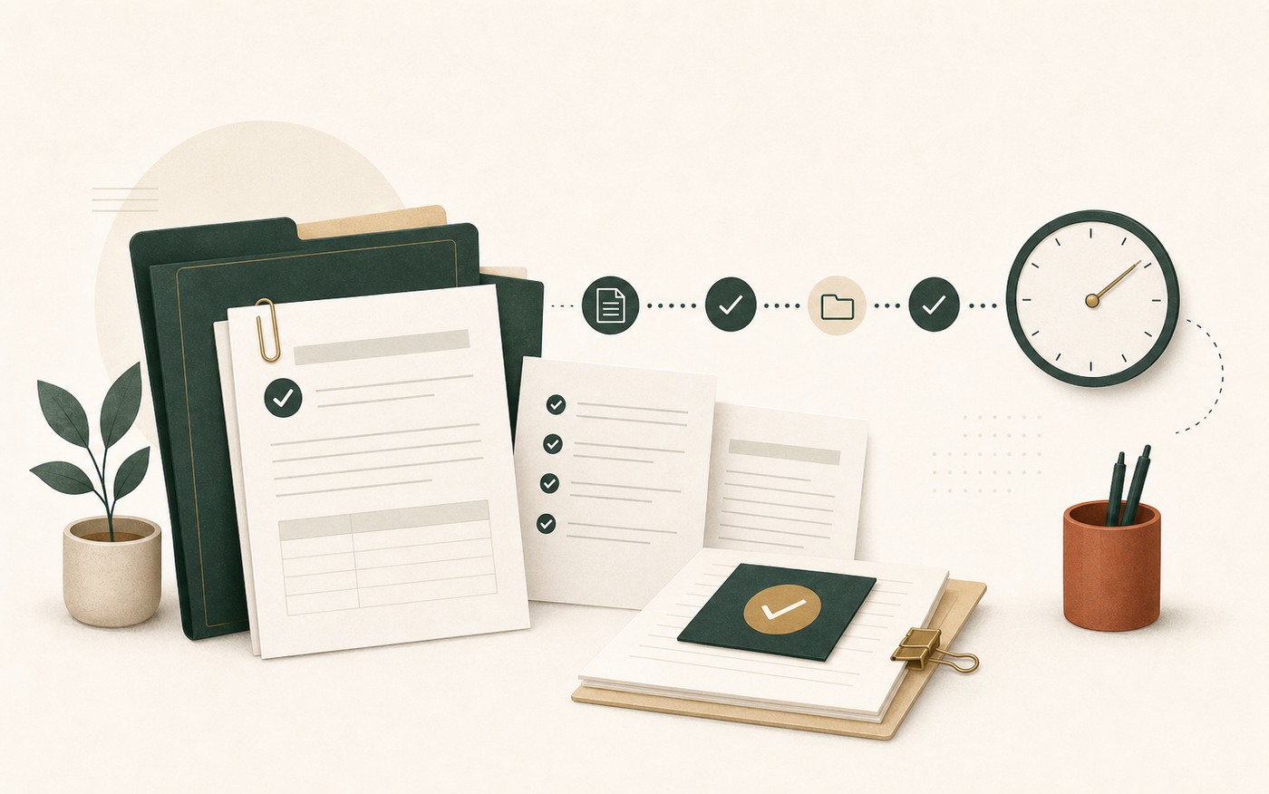 Illustration of a folder, blank payroll documents, checkmarks, and a clock connected as a record trail.