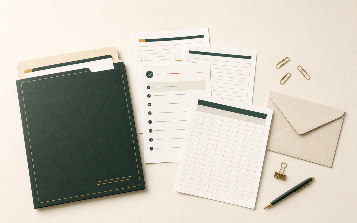 Illustration of a folder, blank worksheets, checklist pages, and an envelope for the template pack.